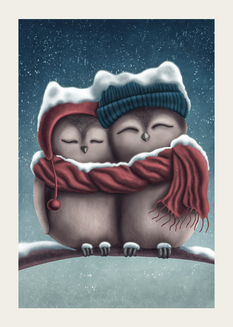 Illustrated owls with hats and scarf in wintry snowfall-12