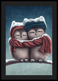 Illustrated owls with hats and scarf in wintry snowfall-4