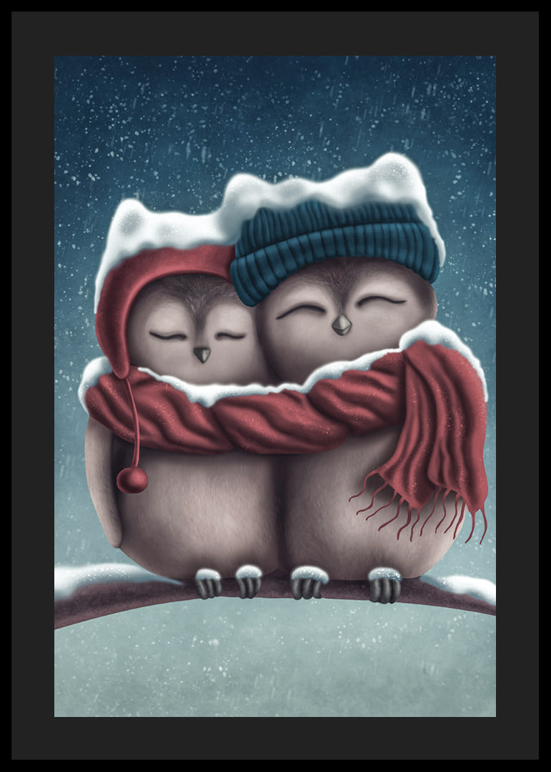 Illustrated owls with hats and scarf in wintry snowfall-12