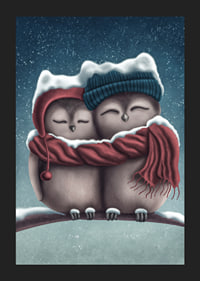 Illustrated owls with hats and scarf in wintry snowfall-5