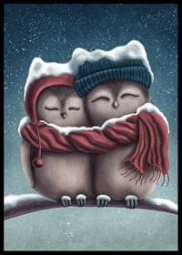Illustrated owls with hats and scarf in wintry snowfall-6