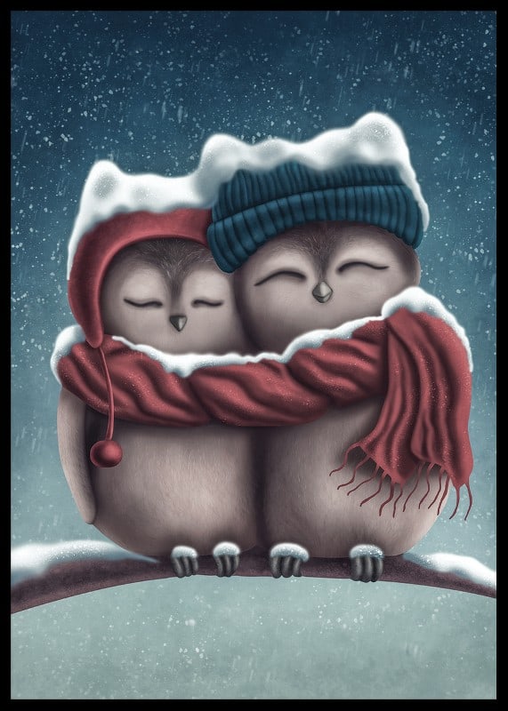 Illustrated owls with hats and scarf in wintry snowfall-12