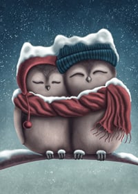 Illustrated owls with hats and scarf in wintry snowfall-7
