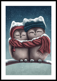 Illustrated owls with hats and scarf in wintry snowfall-0