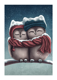 Illustrated owls with hats and scarf in wintry snowfall-1