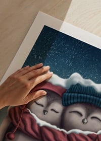 Illustrated owls with hats and scarf in wintry snowfall-9