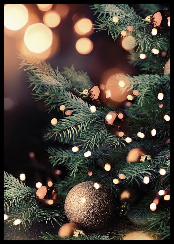Christmas tree with golden balls and warm light strings, photographic-12