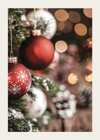 Nærbillede af røde og hvide julekugler på et fyrretræ med bokeh-3