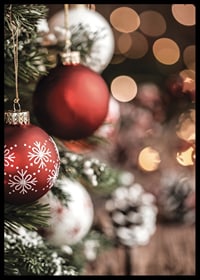 Close-up of red and white Christmas balls on fir tree with bokeh-6
