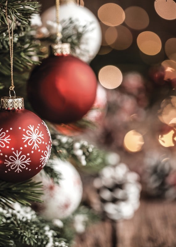 Close-up of red and white Christmas balls on fir tree with bokeh-12