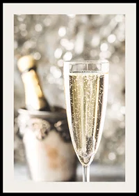 Photographic close-up of champagne glass with bubbles and blurred bottle in the background-2