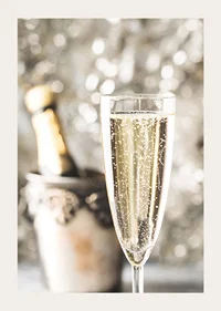 Photographic close-up of champagne glass with bubbles and blurred bottle in the background-3