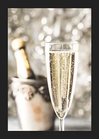 Photographic close-up of champagne glass with bubbles and blurred bottle in the background-5