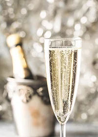 Photographic close-up of champagne glass with bubbles and blurred bottle in the background-7