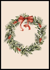 Geïllustreerde kerstkrans met rode bessen en strik op beige achtergrond-6