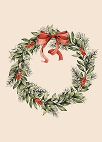 Geïllustreerde kerstkrans met rode bessen en strik op beige achtergrond-7