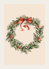 Illustrated Christmas wreath with red berries and bow on beige background-3