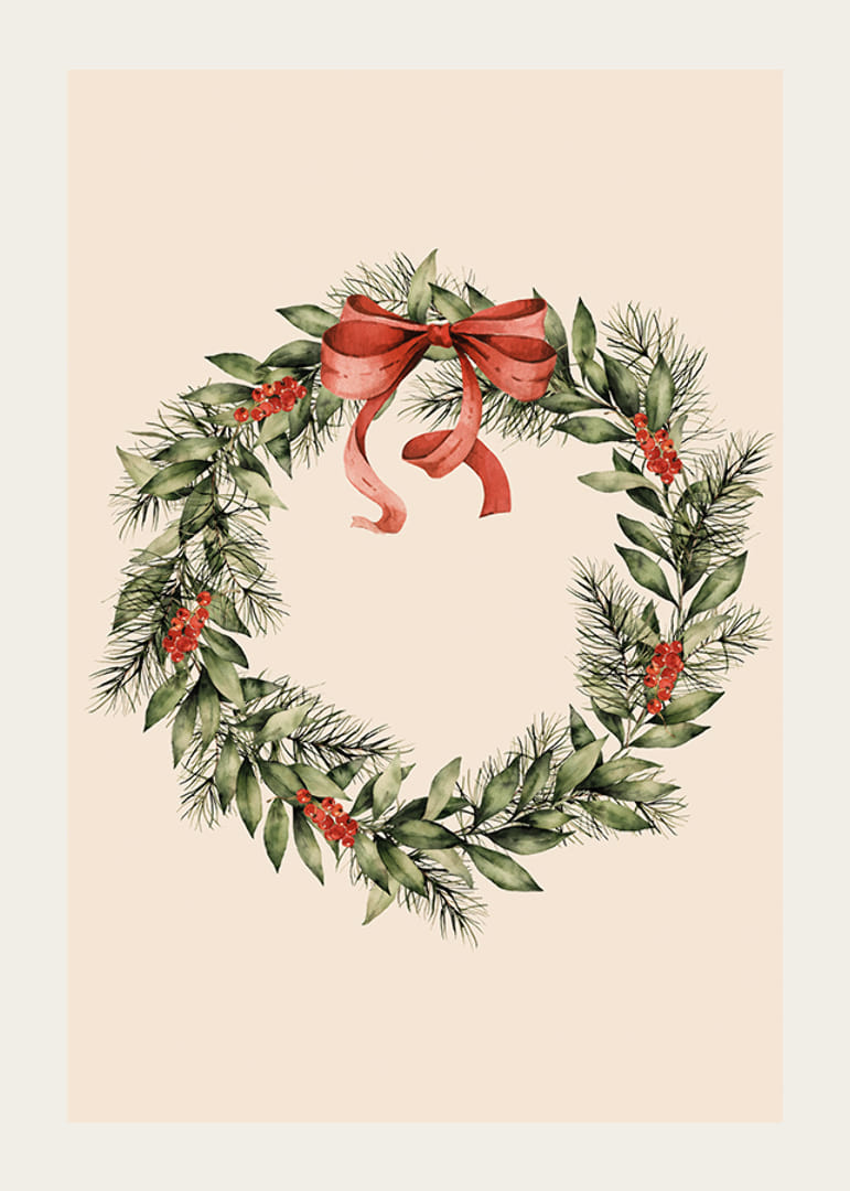 Illustrated Christmas wreath with red berries and bow on beige background-12