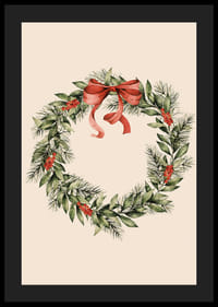 Illustrated Christmas wreath with red berries and bow on beige background-4