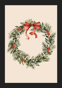 Illustrated Christmas wreath with red berries and bow on beige background-5