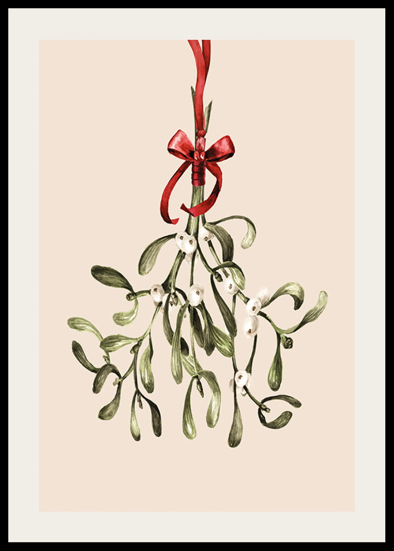 Illustrert mistelteinkvist med røde bånd på beige bakgrunn-12