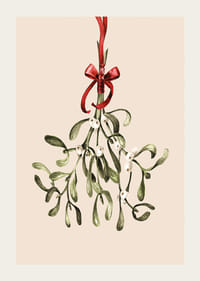 Illustrert mistelteinkvist med røde bånd på beige bakgrunn-3