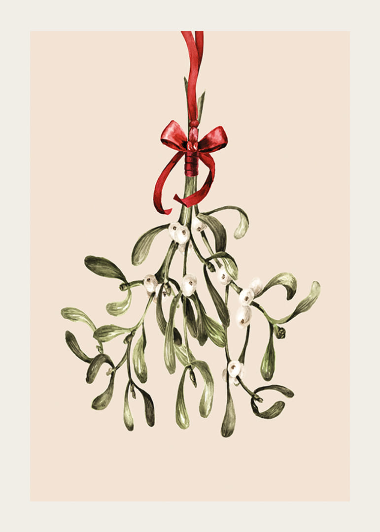 Illustrert mistelteinkvist med røde bånd på beige bakgrunn-12