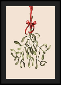 Illustrert mistelteinkvist med røde bånd på beige bakgrunn-4