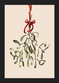 Illustrert mistelteinkvist med røde bånd på beige bakgrunn-5