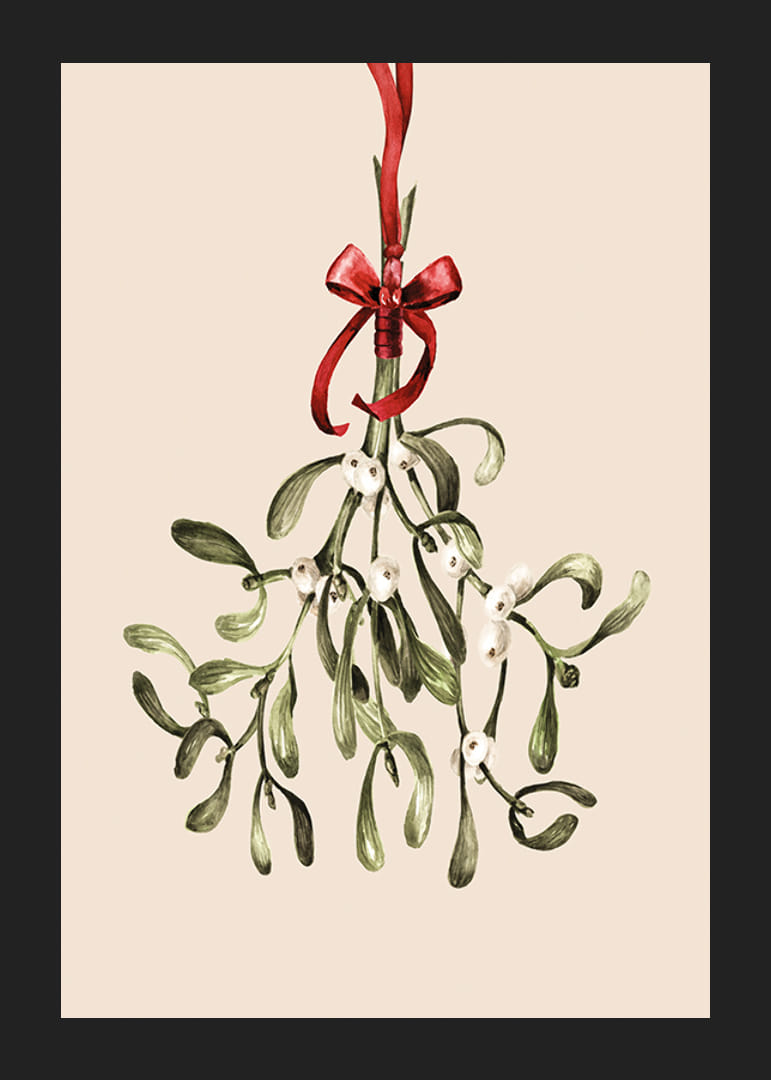 Illustrert mistelteinkvist med røde bånd på beige bakgrunn-12