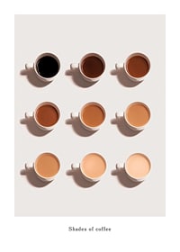 Nine coffee cups from above in different shades of brown on a light background-1