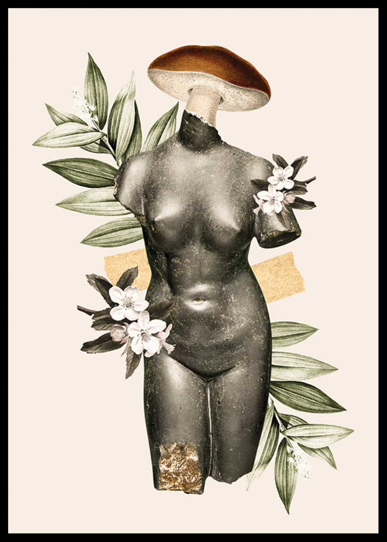Abstract antique sculpture torso with flowers and green leaves-12