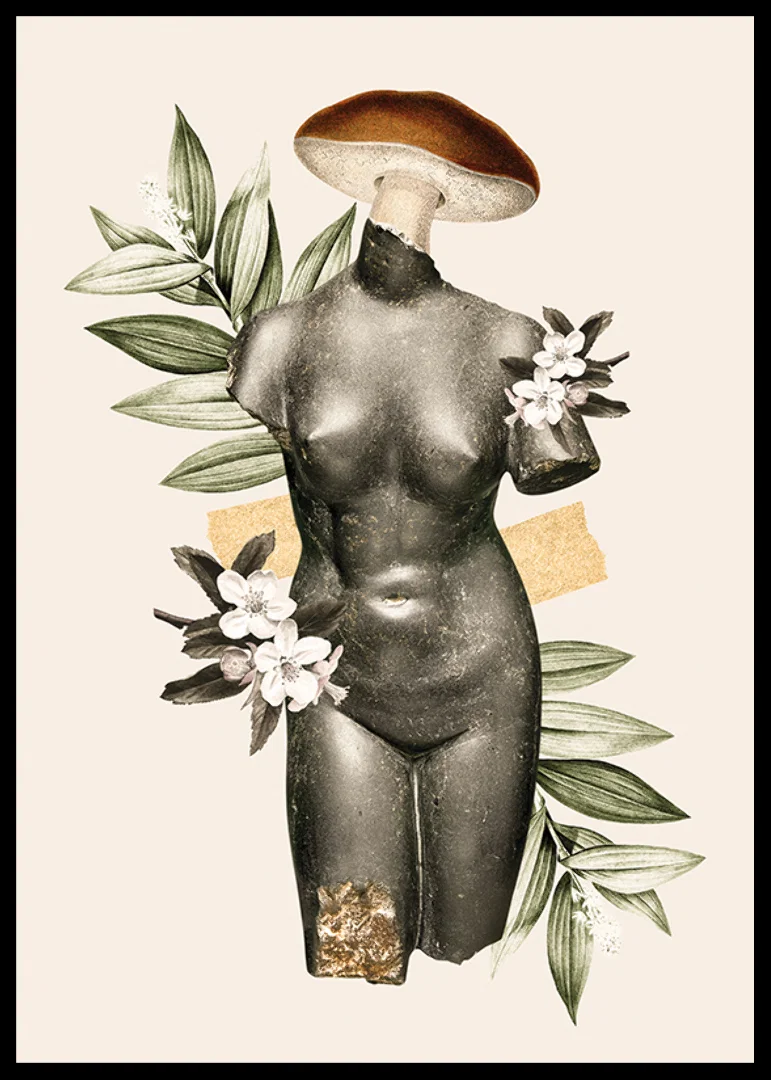 Abstrakt antik skulpturtorso med blommor och gröna blad-12