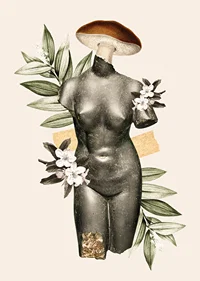Abstrakt antik skulpturtorso med blommor och gröna blad-7
