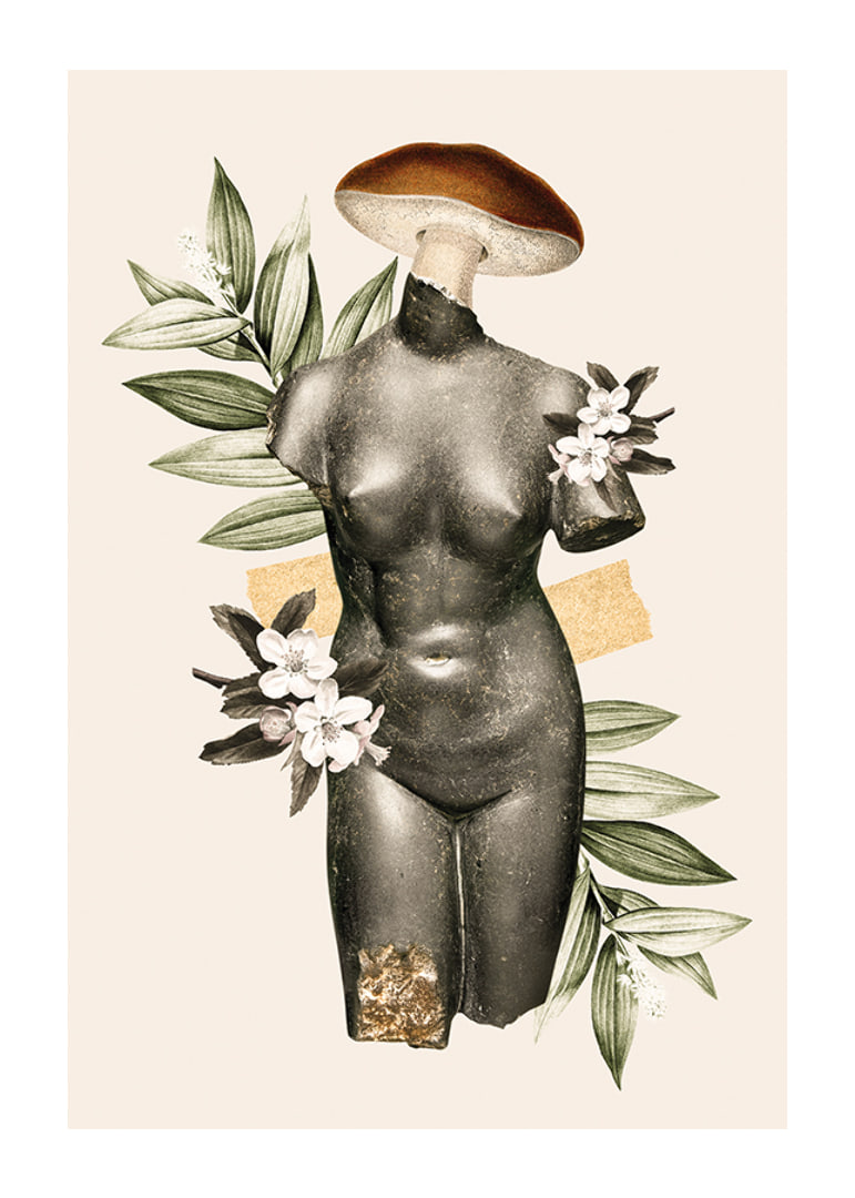 Abstract antique sculpture torso with flowers and green leaves-12
