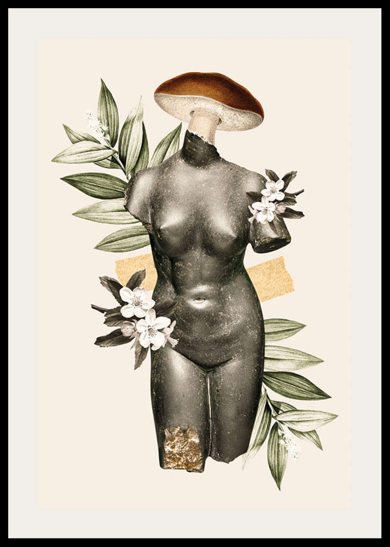 Abstraktné starožitné sochárske torzo s kvetmi a zelenými listami-12