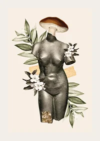Abstrakt antik skulpturtorso med blommor och gröna blad-3
