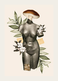 Abstraktné starožitné sochárske torzo s kvetmi a zelenými listami-3