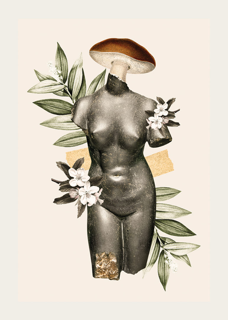 Abstraktné starožitné sochárske torzo s kvetmi a zelenými listami-12