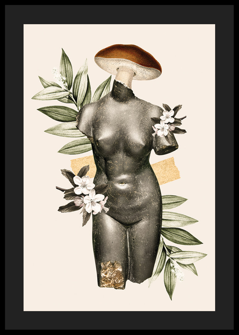 Abstract antique sculpture torso with flowers and green leaves-12