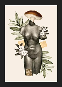 Abstrakt antik skulpturtorso med blommor och gröna blad-5