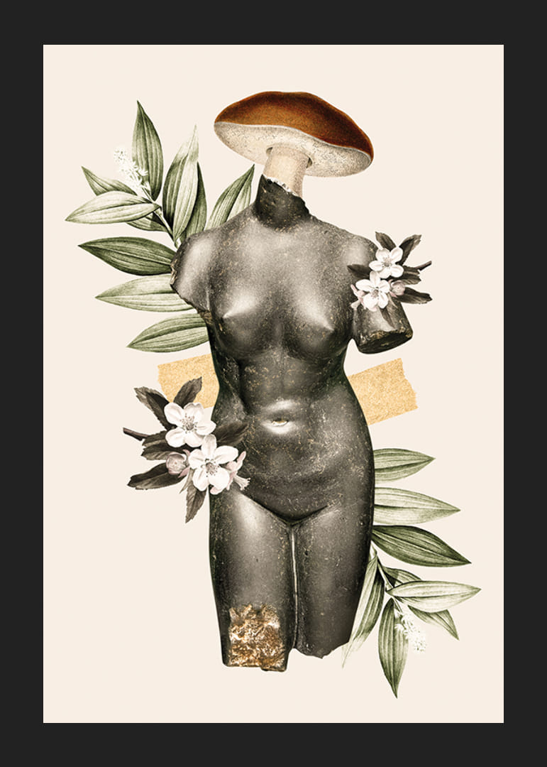 Abstraktné starožitné sochárske torzo s kvetmi a zelenými listami-12