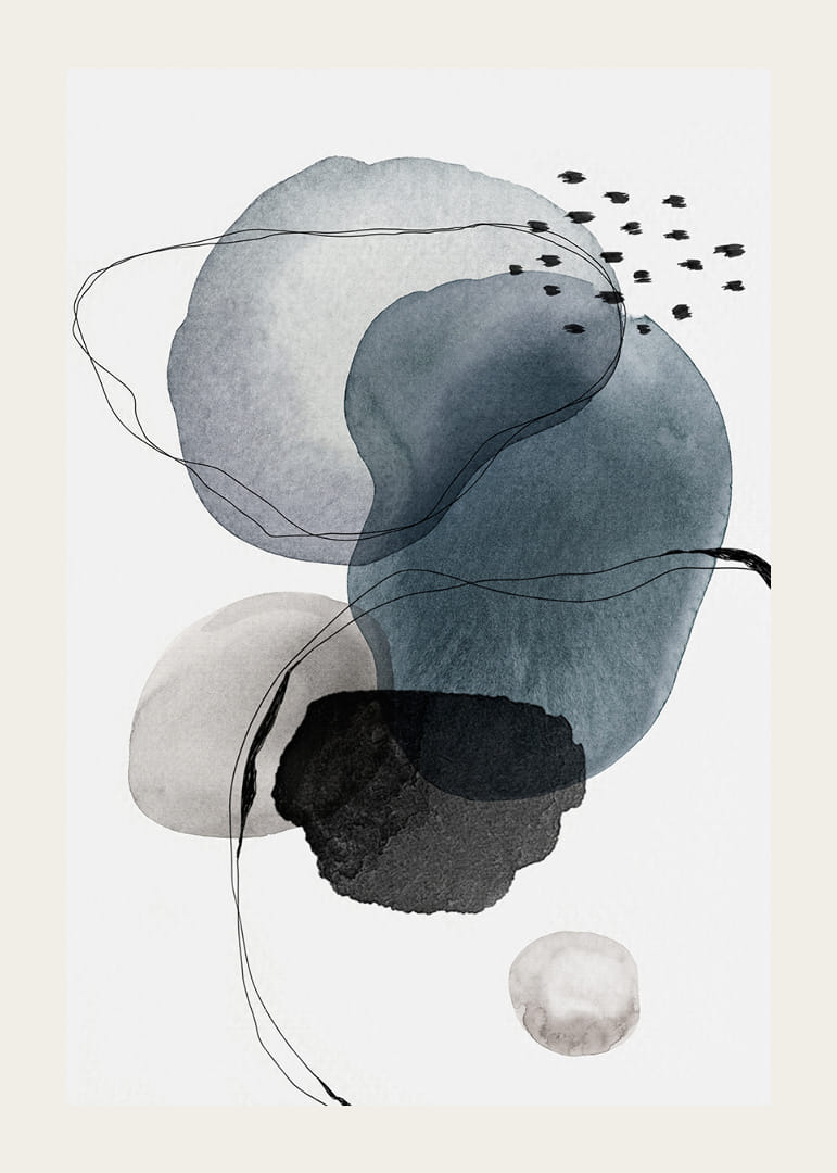 Abstract watercolor shapes in blue, gray and black on white-12