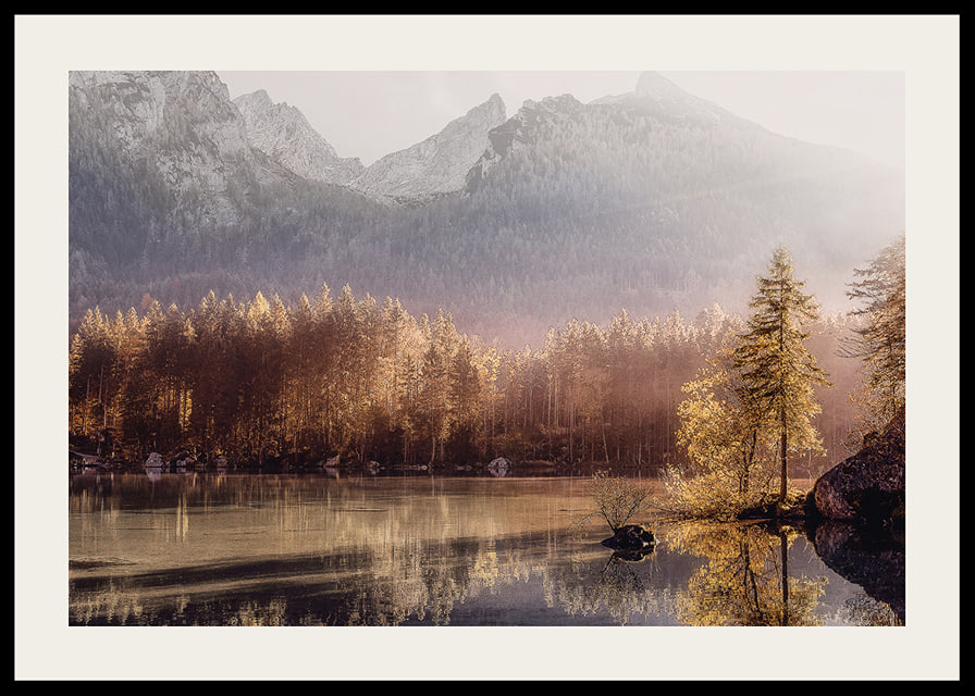 Photographic autumn landscape with golden forest by lake and mountains-12