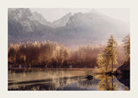 Photographic autumn landscape with golden forest by lake and mountains-3