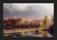 Valokuvallinen syysmaisema kultaisen metsän kanssa järven ja vuorten rannalla-5