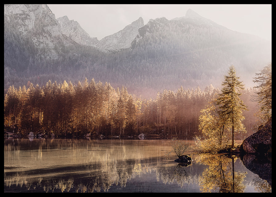 Photographic autumn landscape with golden forest by lake and mountains-12