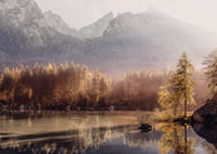 Photographic autumn landscape with golden forest by lake and mountains-7