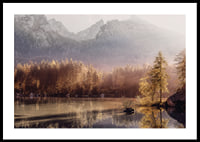 Photographic autumn landscape with golden forest by lake and mountains-0