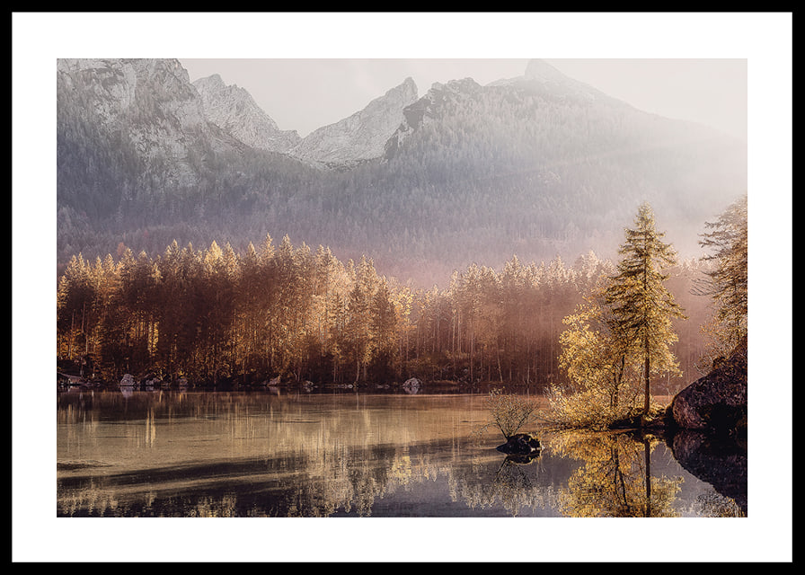 Photographic autumn landscape with golden forest by lake and mountains-12